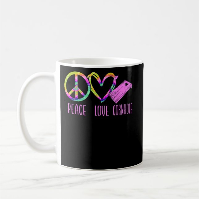 Cornhole Bean Bag Player Champ Tie Dye Peace Love Coffee Mug (Left)
