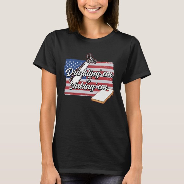Cornhole Player Drinking Sinking USA Bean Sack Cor T-Shirt (Front)