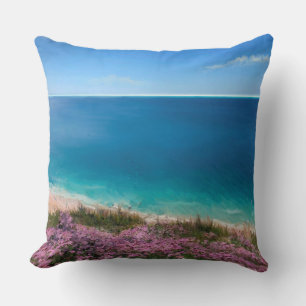 Cornish cliff top view of sea with pink flowers cushion