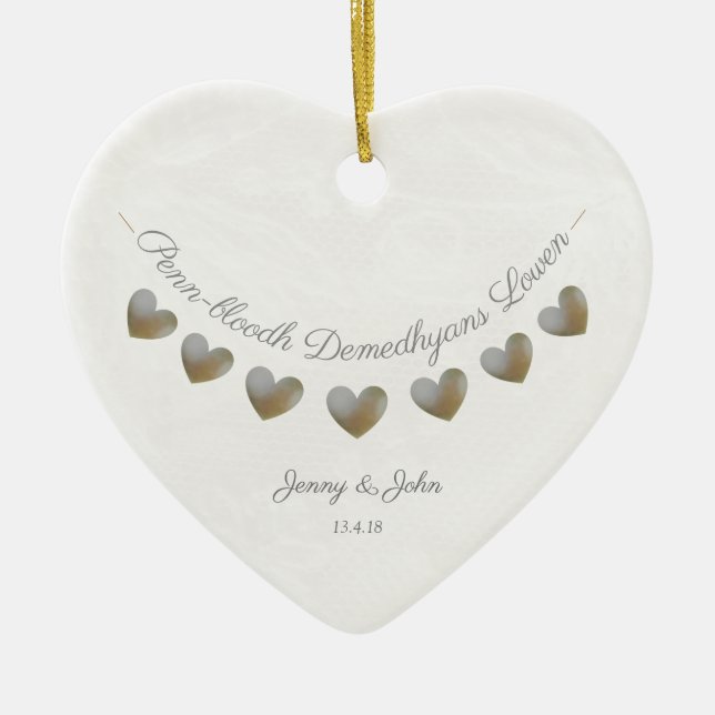 Cornish language wedding anniversary gift ceramic tree decoration (Front)