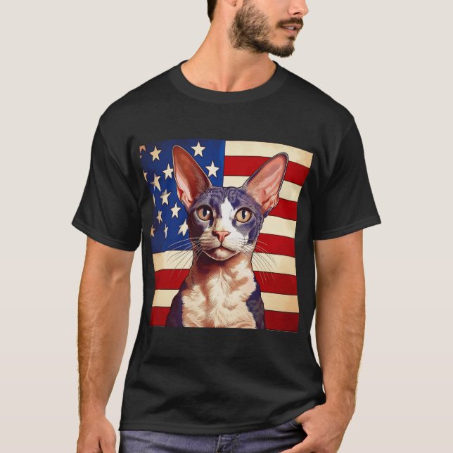 Cornish Rex Cat In Front Of American Flag T-Shirt (Front)
