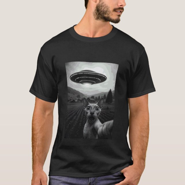 Cornish Rex Cat Selfie Funny Alien Abduction Meme  T-Shirt (Front)