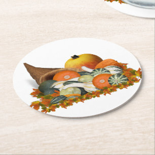 Cornucopia Gourds Thanksgiving Round Paper Coaster