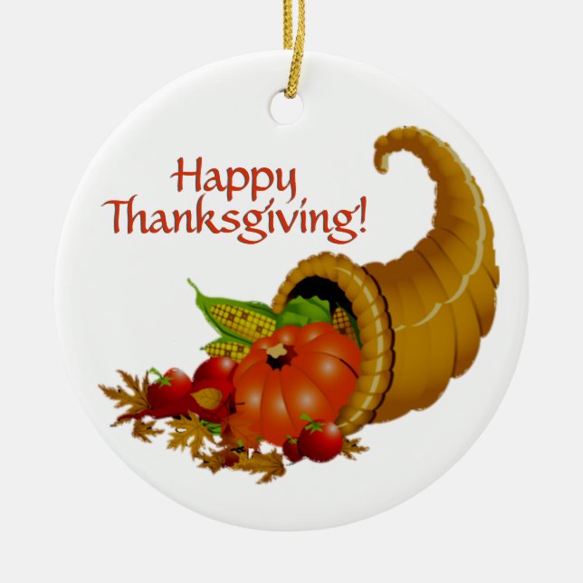 Cornucopia Happy Thanksgiving Ceramic Tree Decoration (Front)