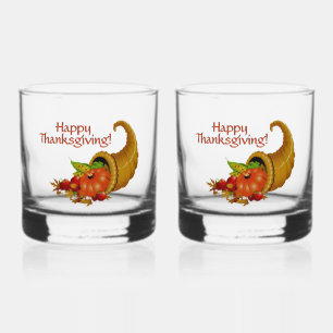 Cornucopia Happy Thanksgiving Custom Whiskey Glass