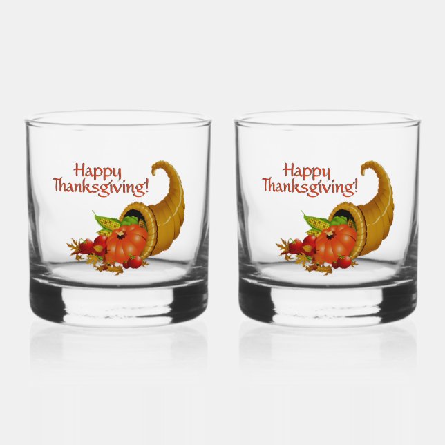 Cornucopia Happy Thanksgiving Custom Whiskey Glass (Front)