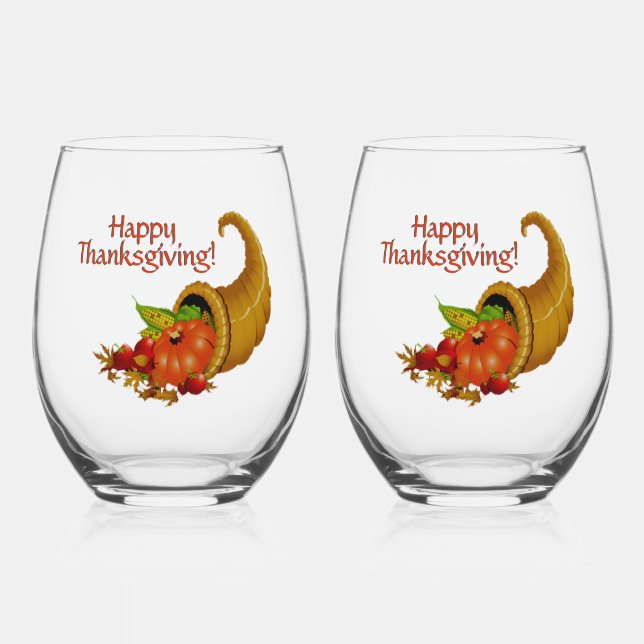 Cornucopia Happy Thanksgiving Stemless Wine Glass (Front)