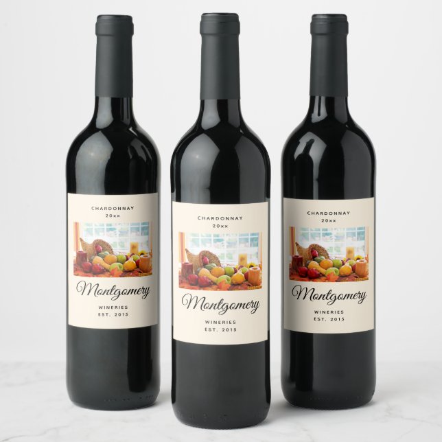 Cornucopia Harvest Table Thanksgiving Wine Making Label (Bottles)