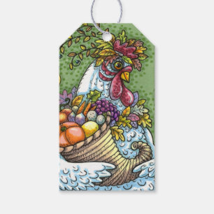 CORNUCOPIA HEN, THANKSGIVING CHICKEN FALL HARVEST GIFT TAGS