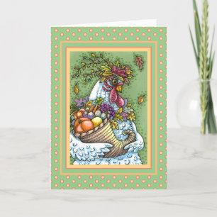CORNUCOPIA HEN, THANKSGIVING CHICKEN FALL HARVEST HOLIDAY CARD
