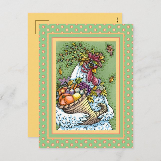 CORNUCOPIA HEN, THANKSGIVING CHICKEN FALL HARVEST HOLIDAY POSTCARD (Front/Back)