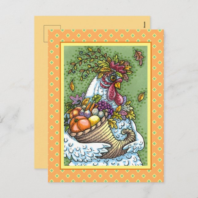 CORNUCOPIA HEN, THANKSGIVING CHICKEN HARVEST HOLIDAY POSTCARD (Front/Back)