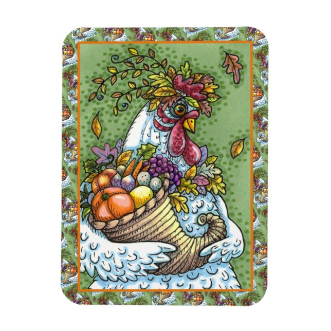 CORNUCOPIA HEN, THANKSGIVING CHICKEN HARVEST MAGNET (Vertical)
