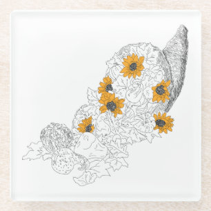Cornucopia Sunflowers Pumpkins Glass Coaster