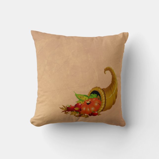 Cornucopia Thanksgiving Beige Leather Look Pillow (Front)