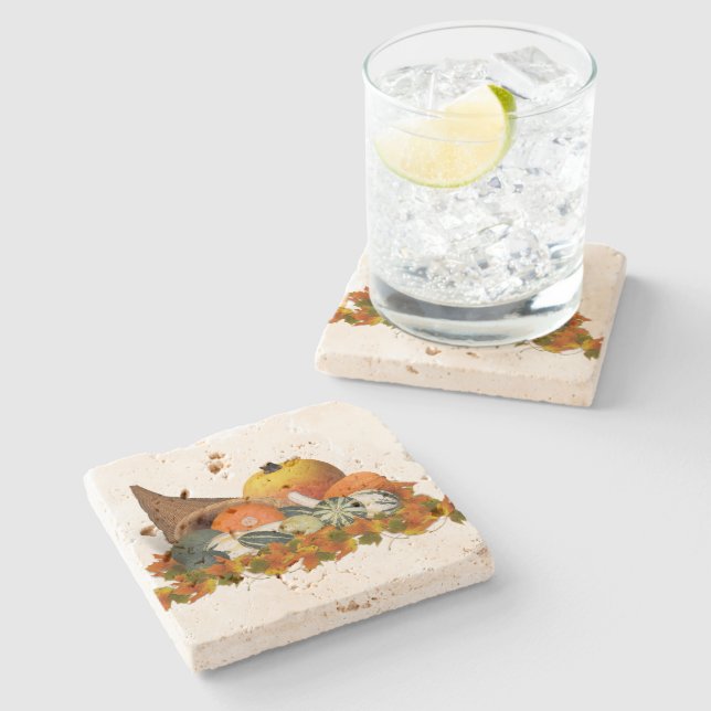Cornucopia with Fall Gourds Stone Coaster (Side)
