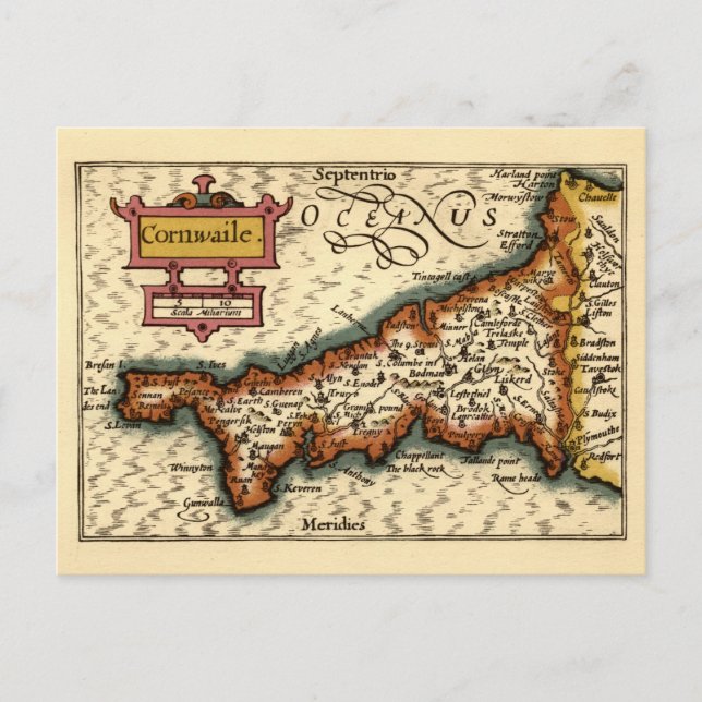 Cornwall, Cornwaile County England Antiquarian Map Postcard (Front)