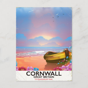 Cornwall fishing boat vintage travel poster postcard