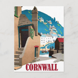 Cornwall, harbour and houses on the hill, vintage postcard