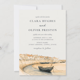 Cornwall Harbour Fishing Boats Sunset Wedding Invitation