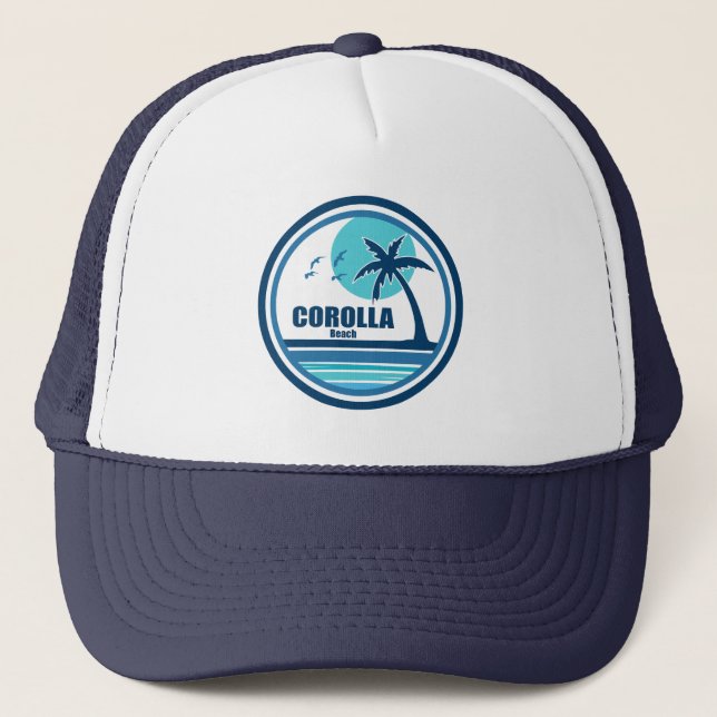 Corolla Beach North Carolina Palm Tree Birds Trucker Hat (Front)