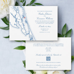 Corolla NC all-in-one QR code RSVP Blue Wedding Invitation