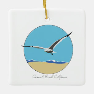 Coronado Beach, California Sea Gull over Beach Ceramic Ornament