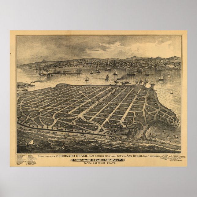 Coronado California 1880s Antique Panoramic Map Poster (Front)
