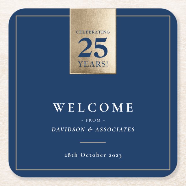 CORPORATE ANNIVERSARY business navy white gold Square Paper Coaster (Front)