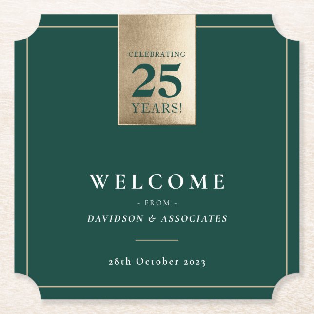 CORPORATE ANNIVERSARY business white green gold Paper Coaster (Front)
