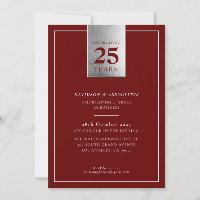CORPORATE ANNIVERSARY fancy business maroon silver Invitation (Front)