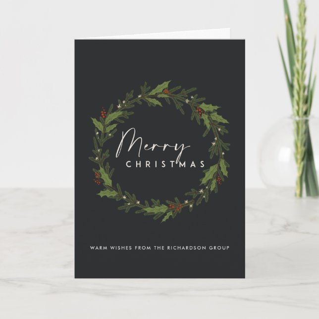 CORPORATE BLACK CHIC HOLLY BERRY WREATH CHRISTMAS CARD (Front)