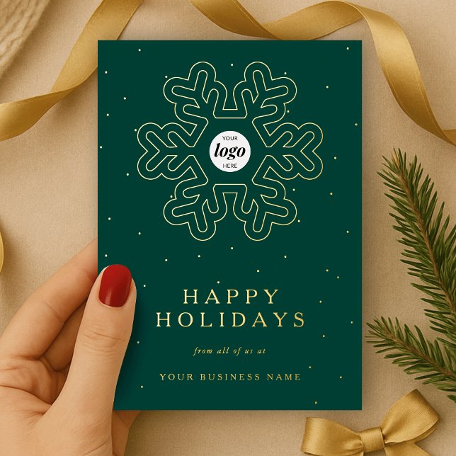 Corporate Business Logo Christmas Snowflake Green (Christmas snowflake design corporate business logo emerald green and gold foil holiday card)