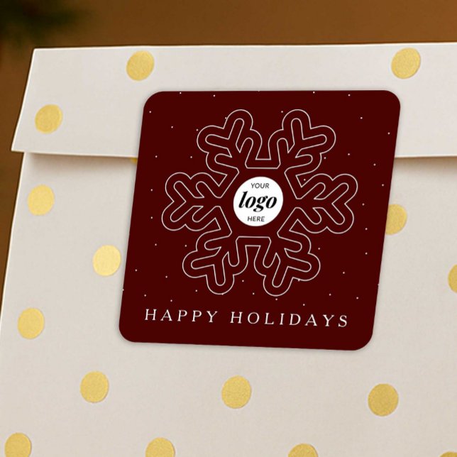 Corporate Business Logo Christmas Snowflake Red Square Sticker (Business logo festive stickers in red and white with modern snowflake design)