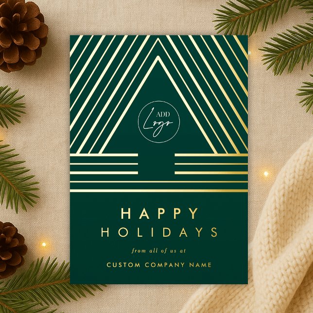 Corporate Business Logo Green Geometric Christmas (stylish geometric green and gold foil Christmas tree corporate holiday card with your company logo)