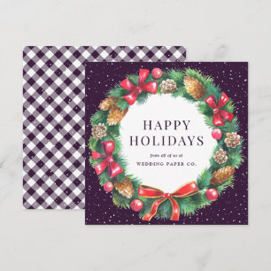 Corporate Business Purple Gingham Plaid Wreath Holiday Card