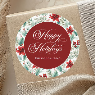 Corporate Christmas Greenery Poinsettia Classic Round Sticker
