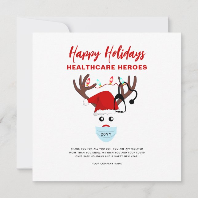 Corporate Christmas Healthcare Workers Reindeer Holiday Card (Front)