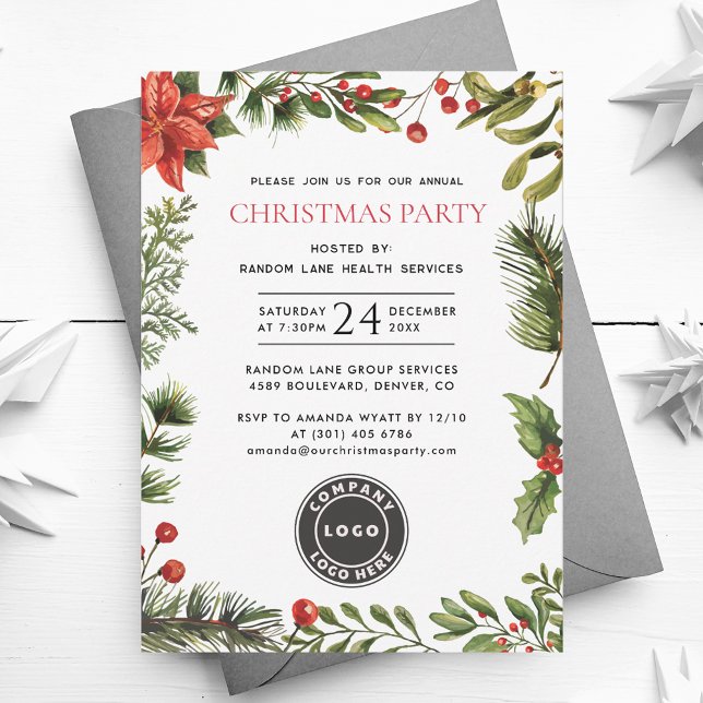 Corporate Christmas Holly Berries Party Invitation (Modern Business Logo Christmas Party Red Berries Greenery Invitation)