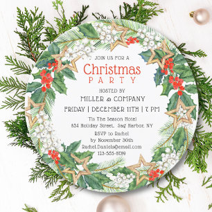 Corporate Christmas Party Holly Star Wreath Invitation