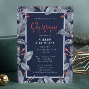 Corporate Christmas Party Navy Silver Florals Invitation