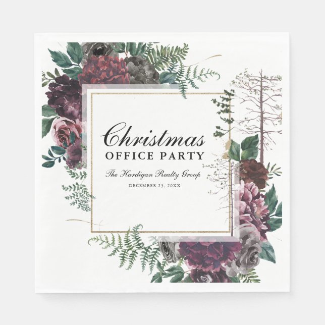 Corporate Christmas Party Rustic Burgundy Floral Napkin (Front)