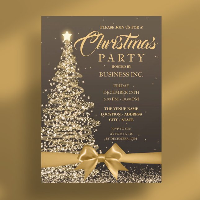 CORPORATE Christmas Tree Ribbon Gold Party Invitation (CORPORATE Christmas Tree Ribbon Gold Party Invitation)