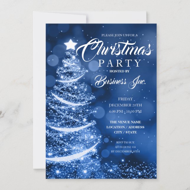 CORPORATE Christmas Tree Sparkle Blue Party Invitation (Front)