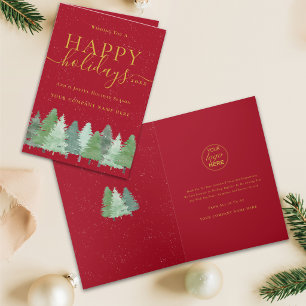 Corporate Christmas Woodland Company Logo Red Gold Holiday Card
