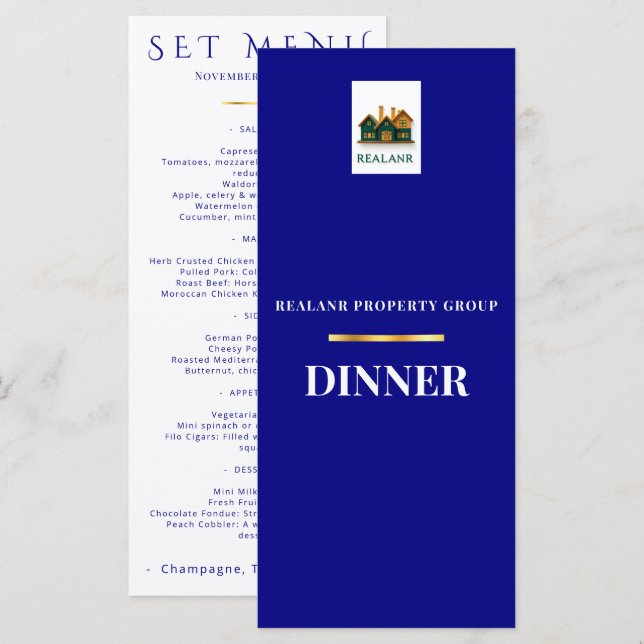 Corporate Dinner Menu Card Logo Elegant Navy (Front/Back)