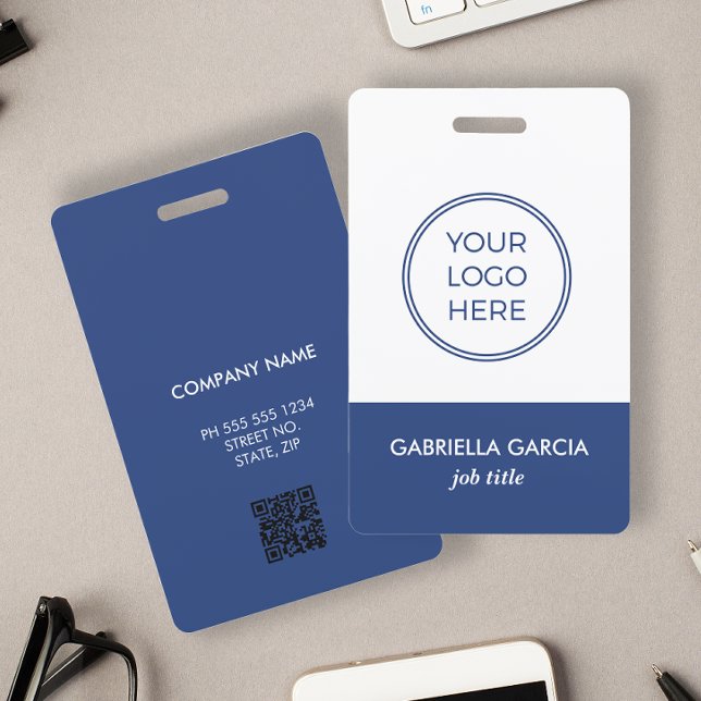 Corporate Employee Blue ID badge (Personalize this double sided badge with logo, name, title, QR Code and business info.)