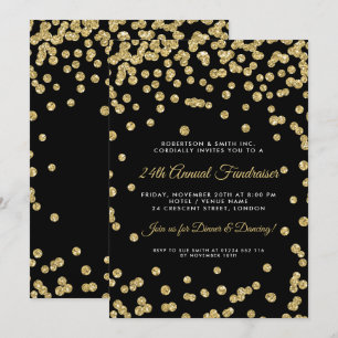 Corporate Fundraiser Dinner Gold Confetti Black Invitation
