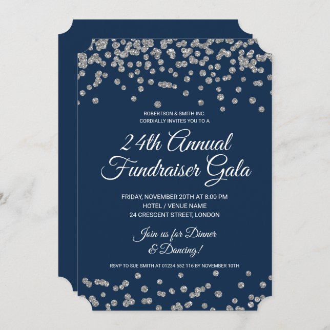 Corporate Fundraiser Silver Glitter Confetti Navy  Invitation (Front/Back)
