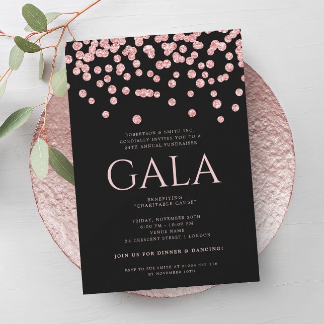 Corporate Gala Rose Gold Black Glitter Confetti Invitation (Corporate Gala Rose Gold Black Glitter Confetti Invitation)